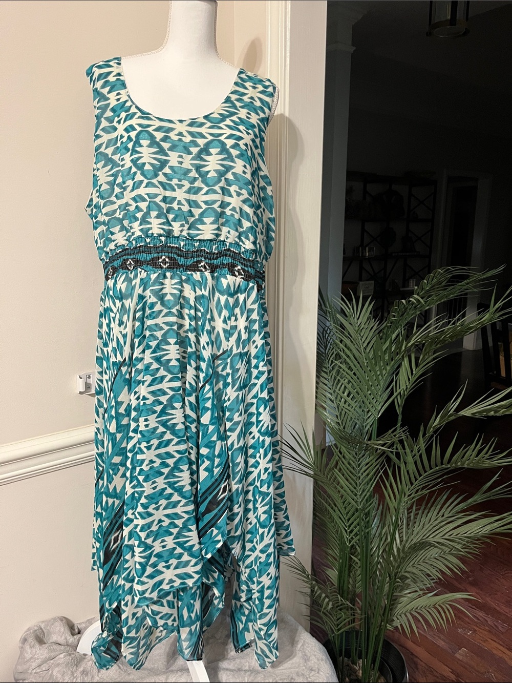 Bella Moda Teal Geometric Sleeveless Maxi Jagged Hem Dress Size 3X plus 26/28